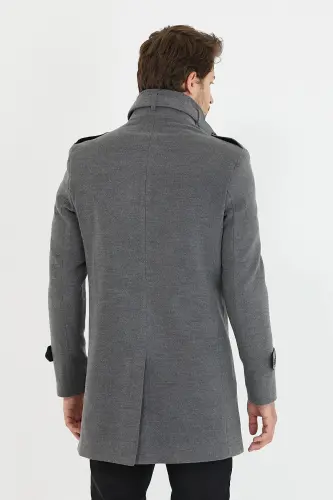 Men's Grey Slim Fit Stand-Up Collar Long Wool Blend Overcoat-Grey - 6