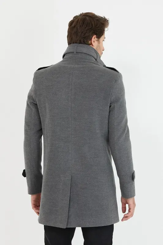 Men's Grey Slim Fit Stand-Up Collar Long Wool Blend Overcoat-Grey - 6