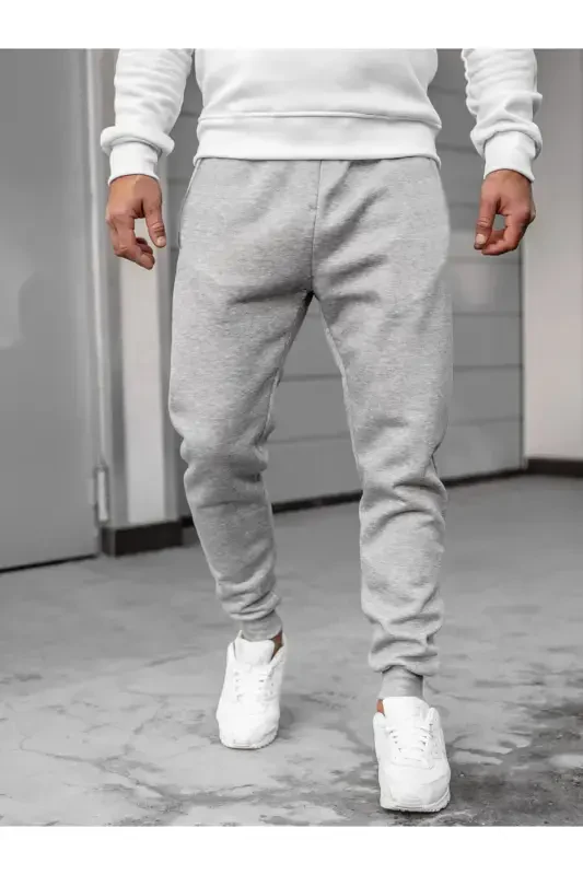 Men's Grey Slim Fit Sweatpants Unprinted Slim Leg Jogger-Grey with Pockets - 1