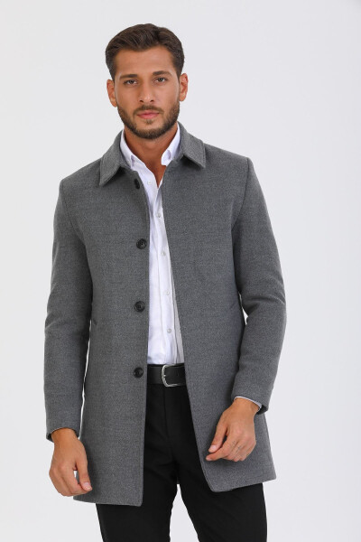 Men's Grey Slim Fit Wool Blend Cashmere Shirt Collar Coat Overcoat - 9