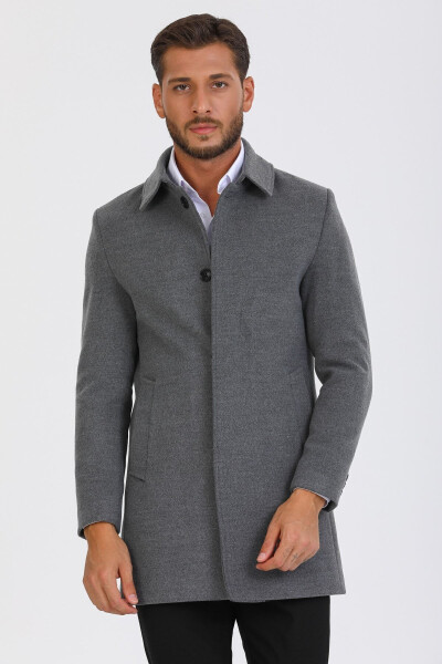 Men's Grey Slim Fit Wool Blend Cashmere Shirt Collar Coat Overcoat - 3