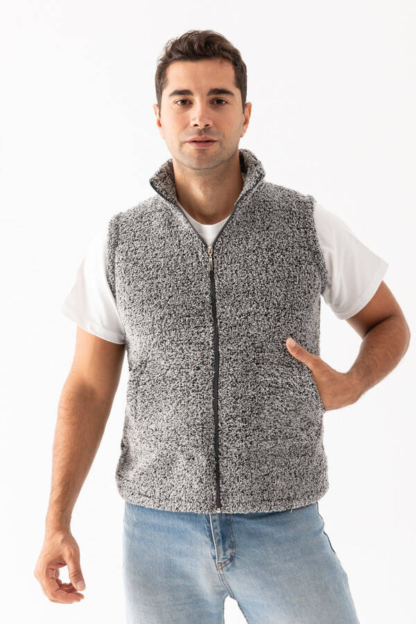 Men's Grey Stand Collar Sleeveless Plush Vest - 1