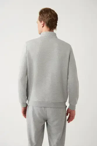 Men's Grey Stand-up Collar Zippered 3 Thread Brushed Sweatshirt E001020-Grey - 4