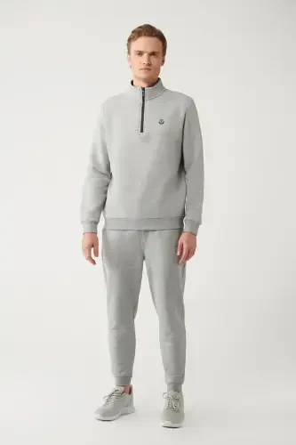 Men's Grey Stand-up Collar Zippered 3 Thread Brushed Sweatshirt E001020-Grey - 5