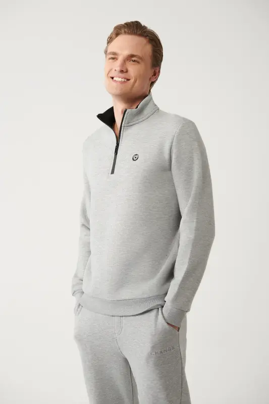 Men's Grey Stand-up Collar Zippered 3 Thread Brushed Sweatshirt E001020-Grey - 1