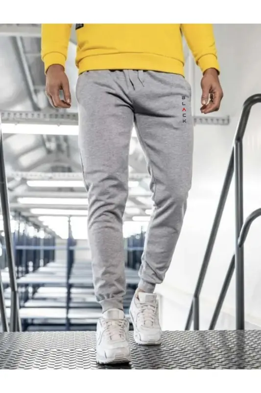 Men's Grey Sweatpants Black Printed Cotton Slim Fit Jogger-GREYBLACK - 4