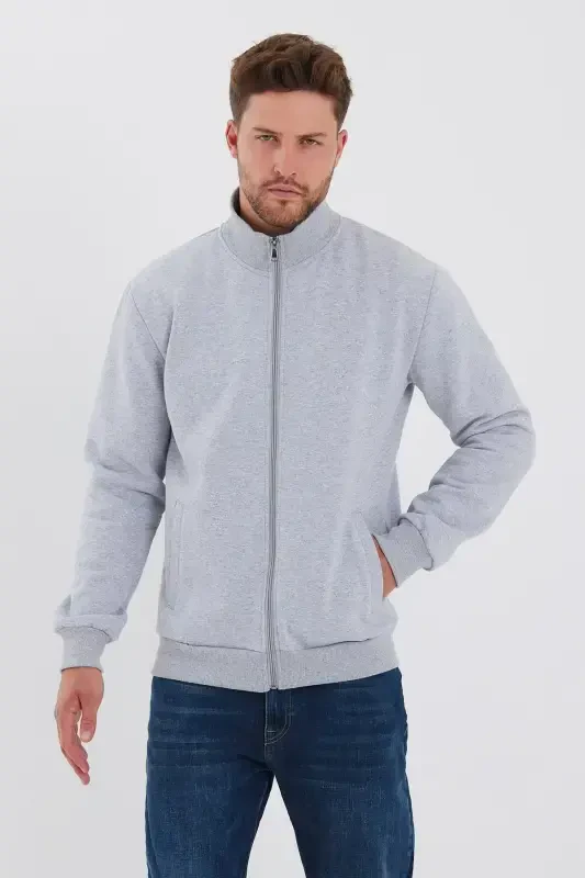 Men's Grey Zip-Up Fleece Lined High Neck Cardigan with Side Pockets - Grey - 2