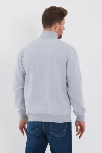 Men's Grey Zip-Up Fleece Lined High Neck Cardigan with Side Pockets - Grey - 4