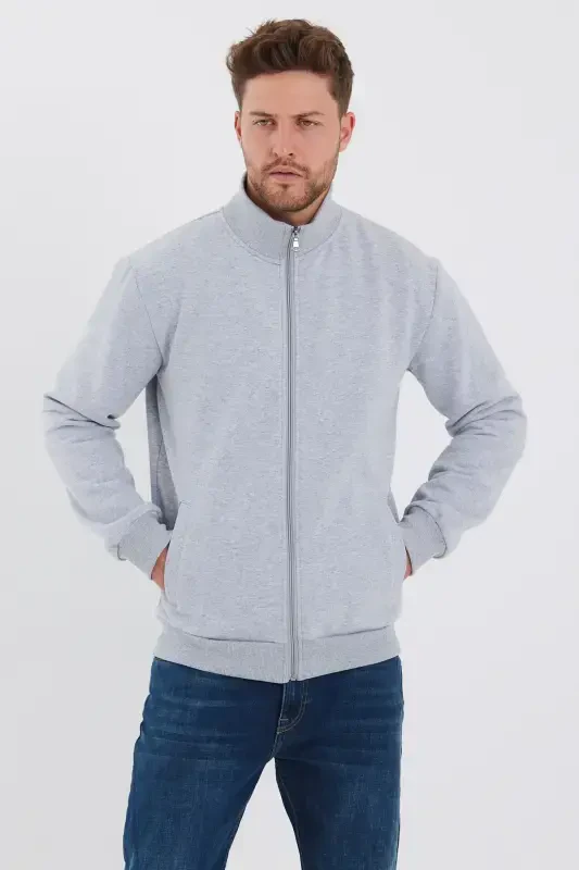 Men's Grey Zip-Up High Neck Side Pocket Fleece-Lined Cardigan-Grey - COMEOR