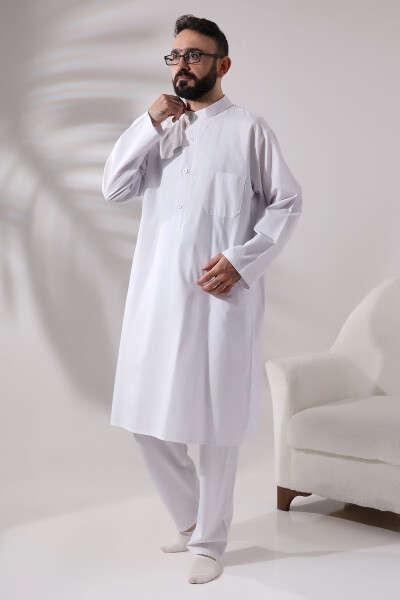 Men's Hajj and Umrah Clothes Two-Piece Bottom Top Afghan Team White - 2