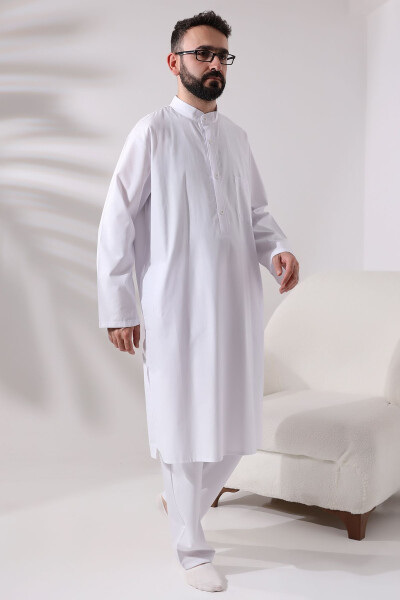 Men's Hajj and Umrah Clothes Two-Piece Bottom Top Afghan Team White - 3