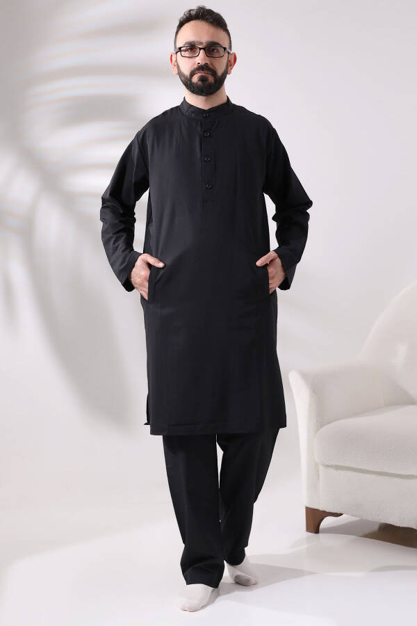 Men's Hajj and Umrah Clothing Two-Piece Top and Bottom Afghan Black Outfit - 7