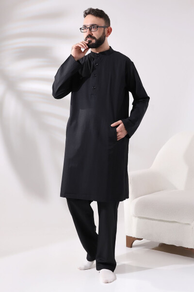 Men's Hajj and Umrah Clothing Two-Piece Top and Bottom Afghan Black Outfit - 9