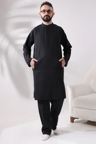 Men's Hajj and Umrah Clothing Two-Piece Top and Bottom Afghan Black Outfit 