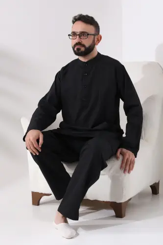 Men's Hajj and Umrah Clothing Two-Piece Top and Bottom Afghan Black Outfit - 5