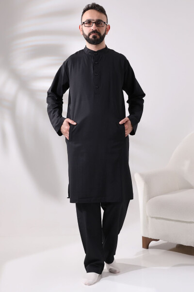 Men's Hajj and Umrah Clothing Two-Piece Top and Bottom Afghan Black Outfit - IHVAN ONLINE