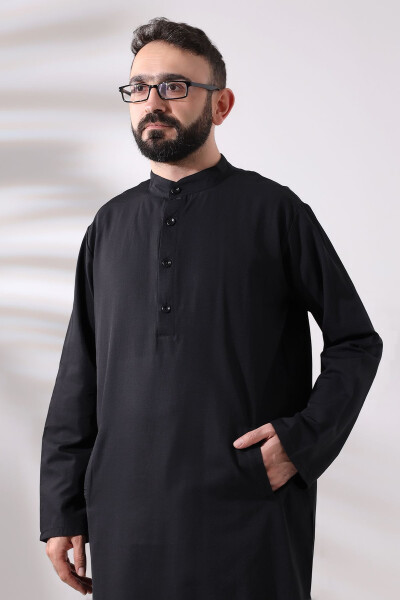 Men's Hajj and Umrah Clothing Two-Piece Top and Bottom Afghan Black Outfit - 4