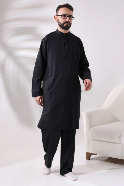 Men's Hajj and Umrah Clothing Two-Piece Top and Bottom Afghan Black Outfit - 2