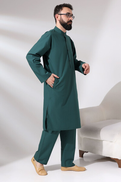 Men's Hajj and Umrah Outfit Double Bottom Top Afghan Team Green - 2