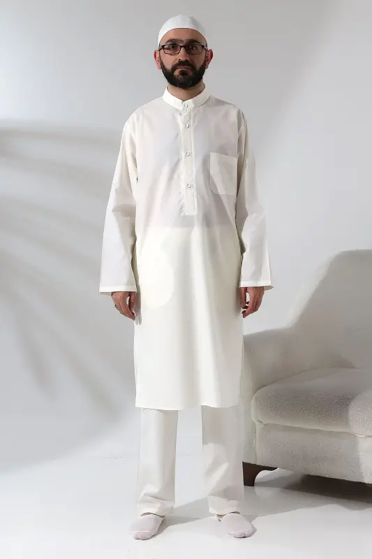 Men's Hajj and Umrah Outfit Two-Piece Set Afghan Suit Cream-Cream - 13