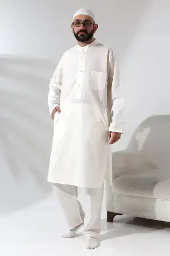 Men's Hajj and Umrah Outfit Two-Piece Set Afghan Suit Cream-Cream - 1
