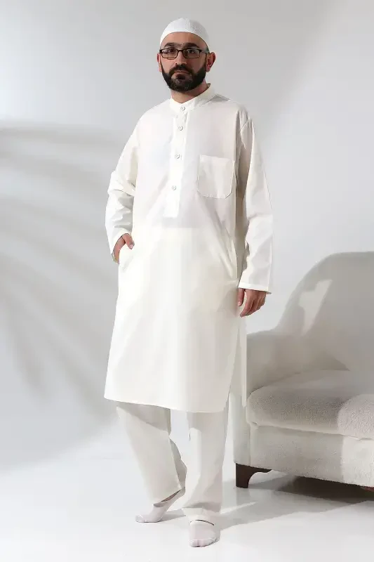 Men's Hajj and Umrah Outfit Two-Piece Set Afghan Suit Cream-Cream - IHVAN ONLINE