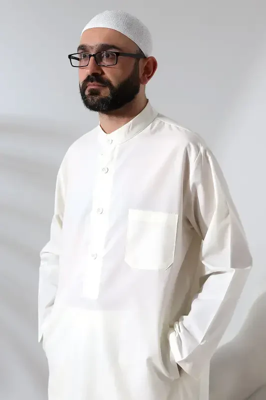 Men's Hajj and Umrah Outfit Two-Piece Set Afghan Suit Cream-Cream - 3