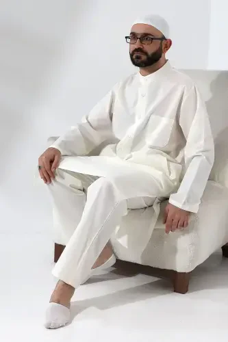 Men's Hajj and Umrah Outfit Two-Piece Set Afghan Suit Cream-Cream - 5