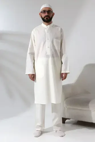 Men's Hajj and Umrah Outfit Two-Piece Set Afghan Suit Cream-Cream - 6