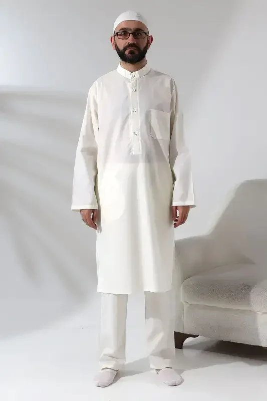 Men's Hajj and Umrah Outfit Two-Piece Set Afghan Suit Cream-Cream - 6