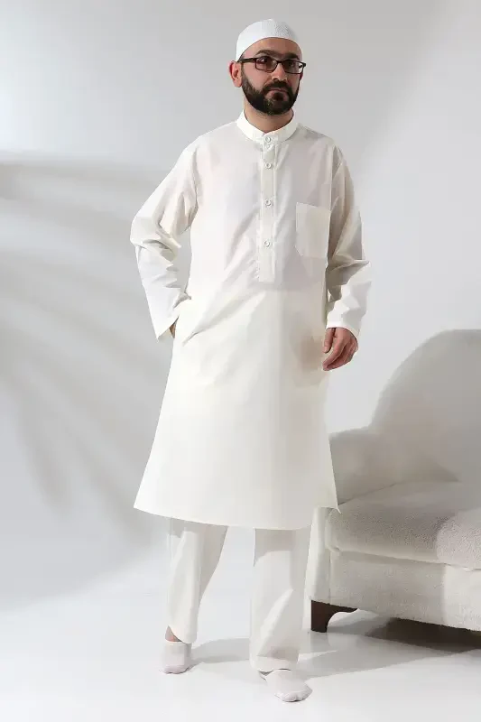 Men's Hajj and Umrah Outfit Two-Piece Set Afghan Suit Cream-Cream - 7
