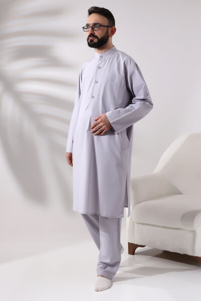 Men's Hajj and Umrah Suit, Two-Piece Afghan Set, Grey - 9