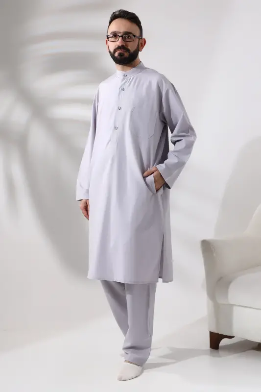 Men's Hajj and Umrah Suit, Two-Piece Afghan Set, Grey - 2
