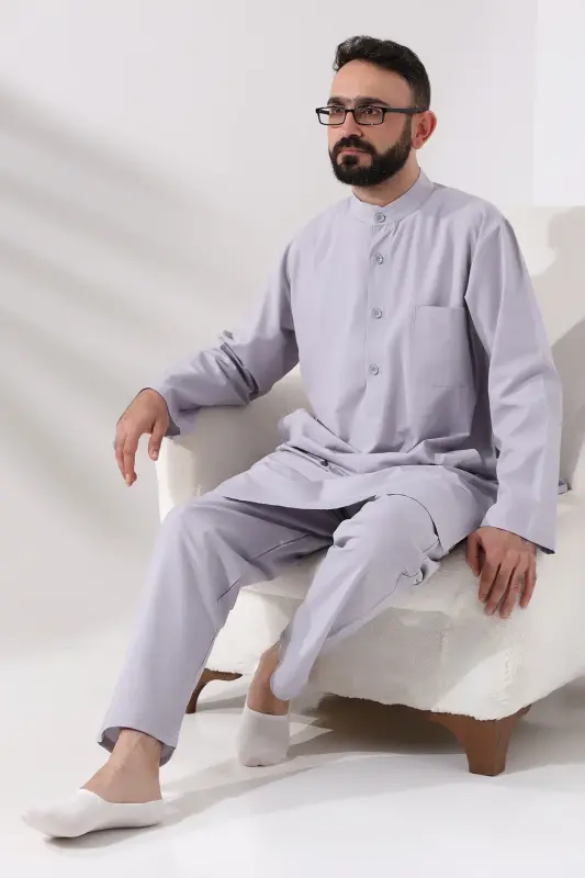 Men's Hajj and Umrah Suit, Two-Piece Afghan Set, Grey - 6
