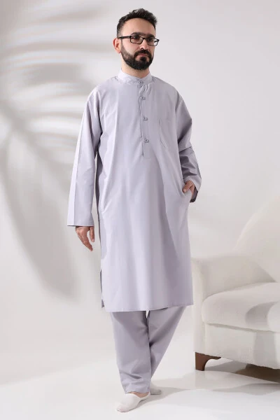 Men's Hajj and Umrah Suit, Two-Piece Afghan Set, Grey - IHVAN ONLINE (1)