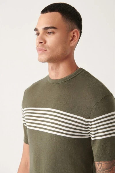 Men's Haki Ribbed Regular Fit Crew Neck T-shirt with Striped Chest and Sleeve Details A31y5116 - AVVA (1)