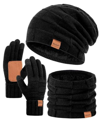 Mens Hat Scarf and Gloves Set Winter, Thermal Fleece Lined Slouchy Beanie Neck Scarves Touchscreen Gloves, 3 in 1 Warm Set - 1