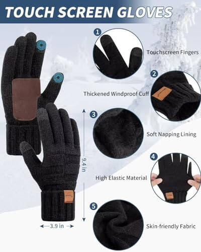 Mens Hat Scarf and Gloves Set Winter, Thermal Fleece Lined Slouchy Beanie Neck Scarves Touchscreen Gloves, 3 in 1 Warm Set - 4