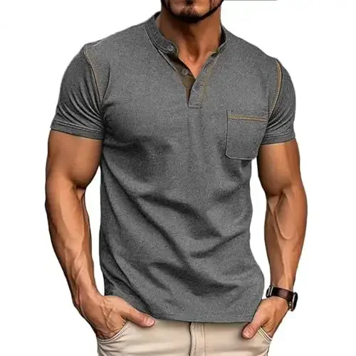 Men's Henley Shirts Short/Long Sleeve Casual Cotton T-Shirt Classic Button Basic Stylish Tees Tops - MEN'S