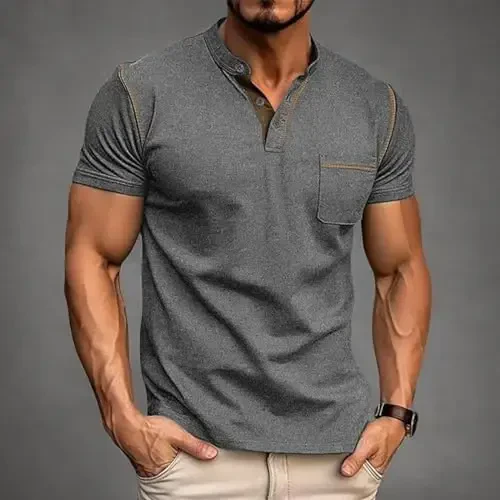 Men's Henley Shirts Short/Long Sleeve Casual Cotton T-Shirt Classic Button Basic Stylish Tees Tops - 6