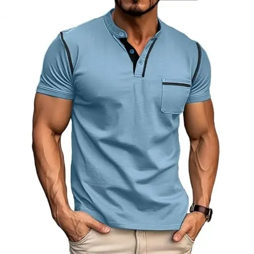 Men's Henley Shirts Short/Long Sleeve Casual Cotton T-Shirt Classic Button Basic Stylish Tees Tops 