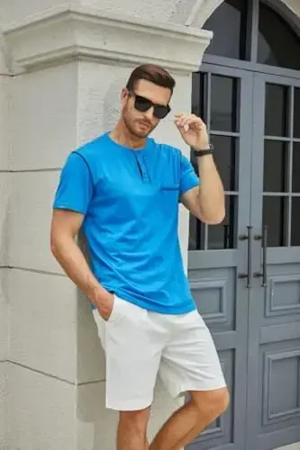 Men's Henley Shirts Short/Long Sleeve Casual Cotton T-Shirt Classic Button Basic Stylish Tees Tops - 3