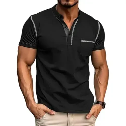 Men's Henley Shirts Short/Long Sleeve Casual Cotton T-Shirt Classic Button Basic Stylish Tees Tops 