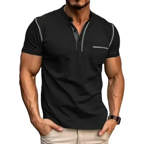 Men's Henley Shirts Short/Long Sleeve Casual Cotton T-Shirt Classic Button Basic Stylish Tees Tops - MEN'S (1)