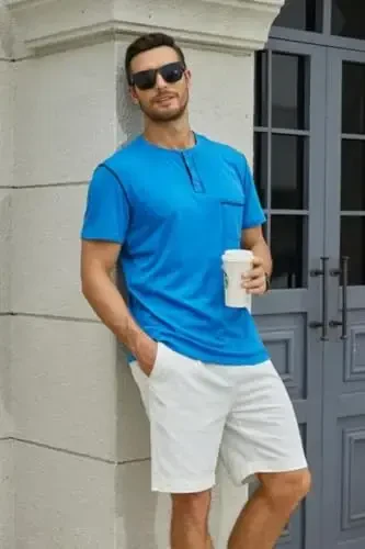 Men's Henley Shirts Short/Long Sleeve Casual Cotton T-Shirt Classic Button Basic Stylish Tees Tops - 5