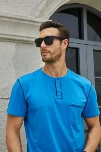 Men's Henley Shirts Short/Long Sleeve Casual Cotton T-Shirt Classic Button Basic Stylish Tees Tops - 6