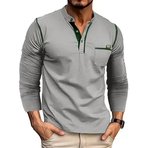 Men's Henley Shirts Short/Long Sleeve Casual Cotton T-Shirt Classic Button Basic Stylish Tees Tops 