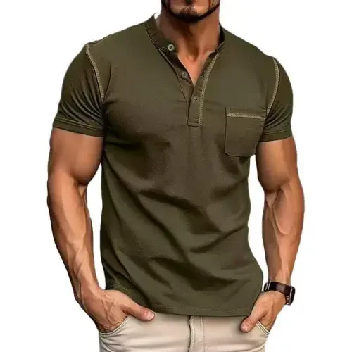 Men's Henley Shirts Short/Long Sleeve Casual Cotton T-Shirt Classic Button Basic Stylish Tees Tops 