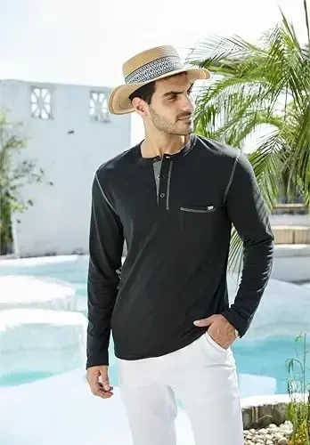 Men's Henley Shirts Short/Long Sleeve Casual Cotton T-Shirt Classic Button Basic Stylish Tees Tops - 4