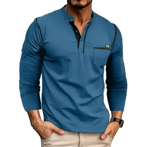 Men's Henley Shirts Short/Long Sleeve Casual Cotton T-Shirt Classic Button Basic Stylish Tees Tops - MEN'S
